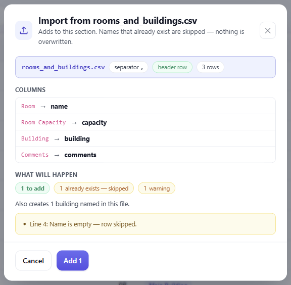 Choosing a file does not import it: the columns it recognised, what it would add, what it would skip because it is already there, and the row it could not use.