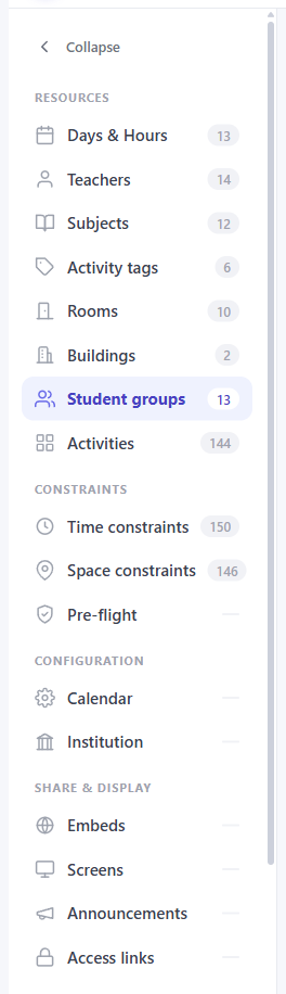 The data sections, from days and hours through to sharing.
