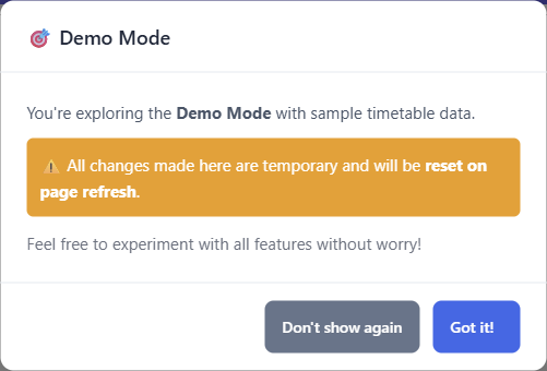 What the demo tells you before you touch anything: the data is a sample, and every change you make is gone on the next refresh.