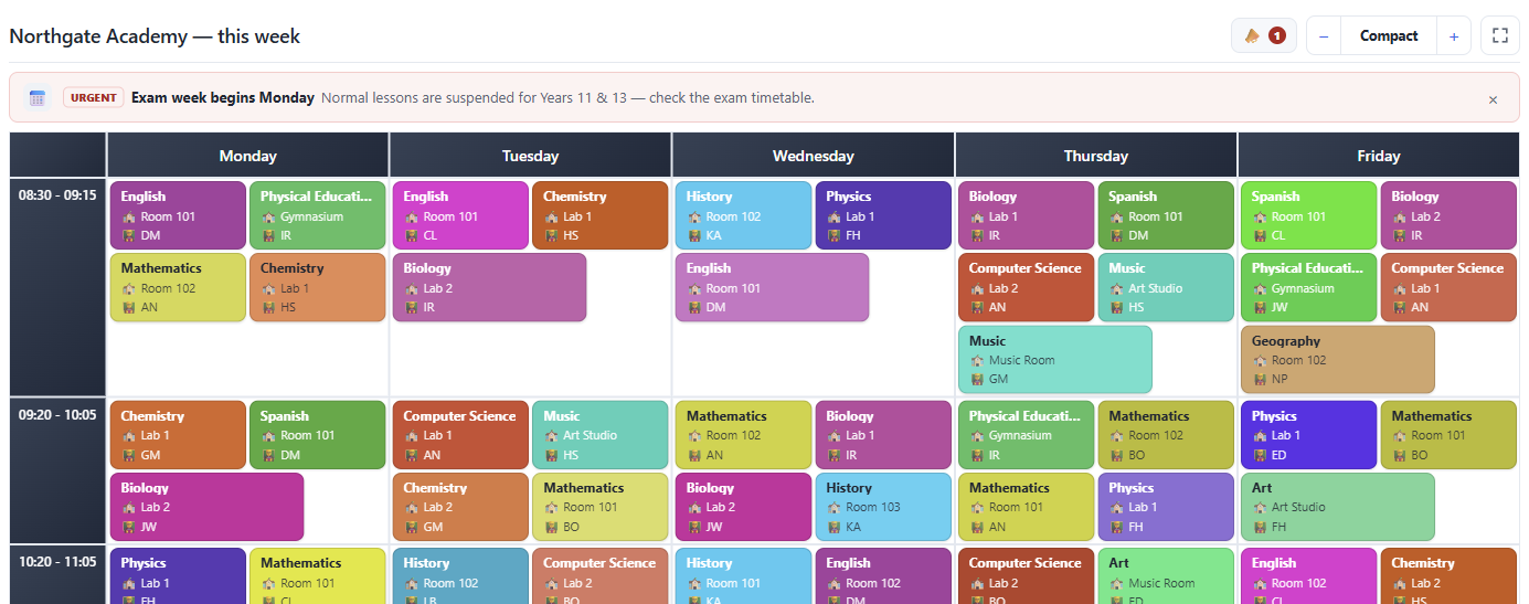 A live timetable embedded in a page: the week, colour-coded, with rooms and staff initials.