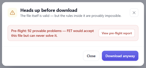 The check before a download: the file would open in FET, but the rules inside it cannot all be satisfied — said plainly, with a way to the report, and the download still allowed.