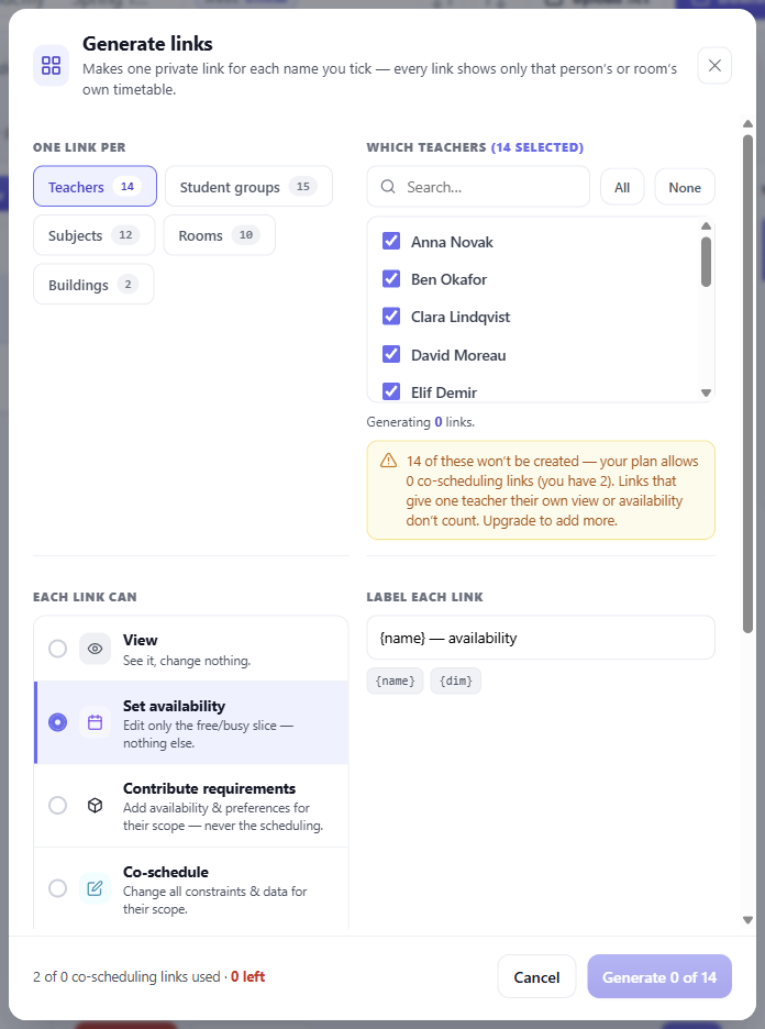 Generating links in bulk when the plan has no room: the shortfall is stated before you commit, and the button names the number it will actually make.