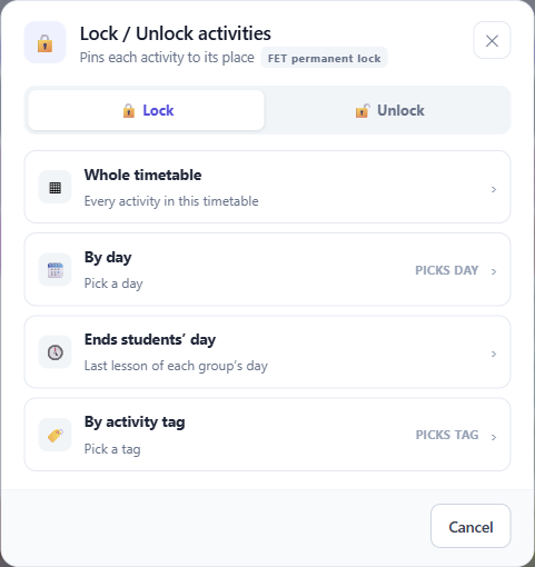 The lock menu, pinning a lesson in time, in space, or both.