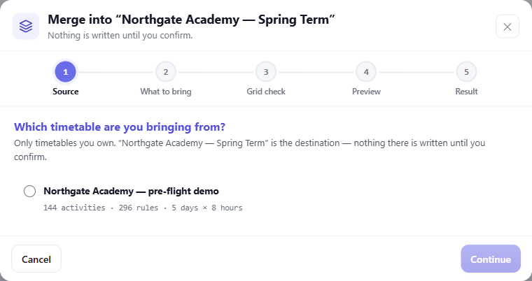 The merge wizard on step 1: a five-step progress bar, the destination named in the title, and the one timetable offered as a source.