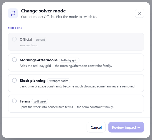 Step one of a mode switch: the four FET modes, what each is for, and the one you are already in marked as unavailable.