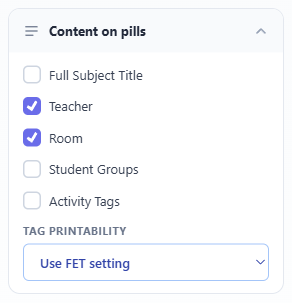 Content on pills: which of subject, teacher, room, groups and tags each printed lesson carries.