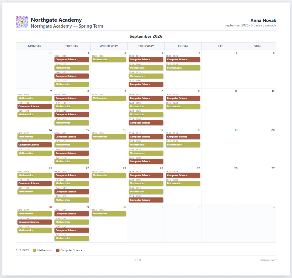 The same week printed against real dates: a month grid, each lesson on the calendar day it actually falls on.