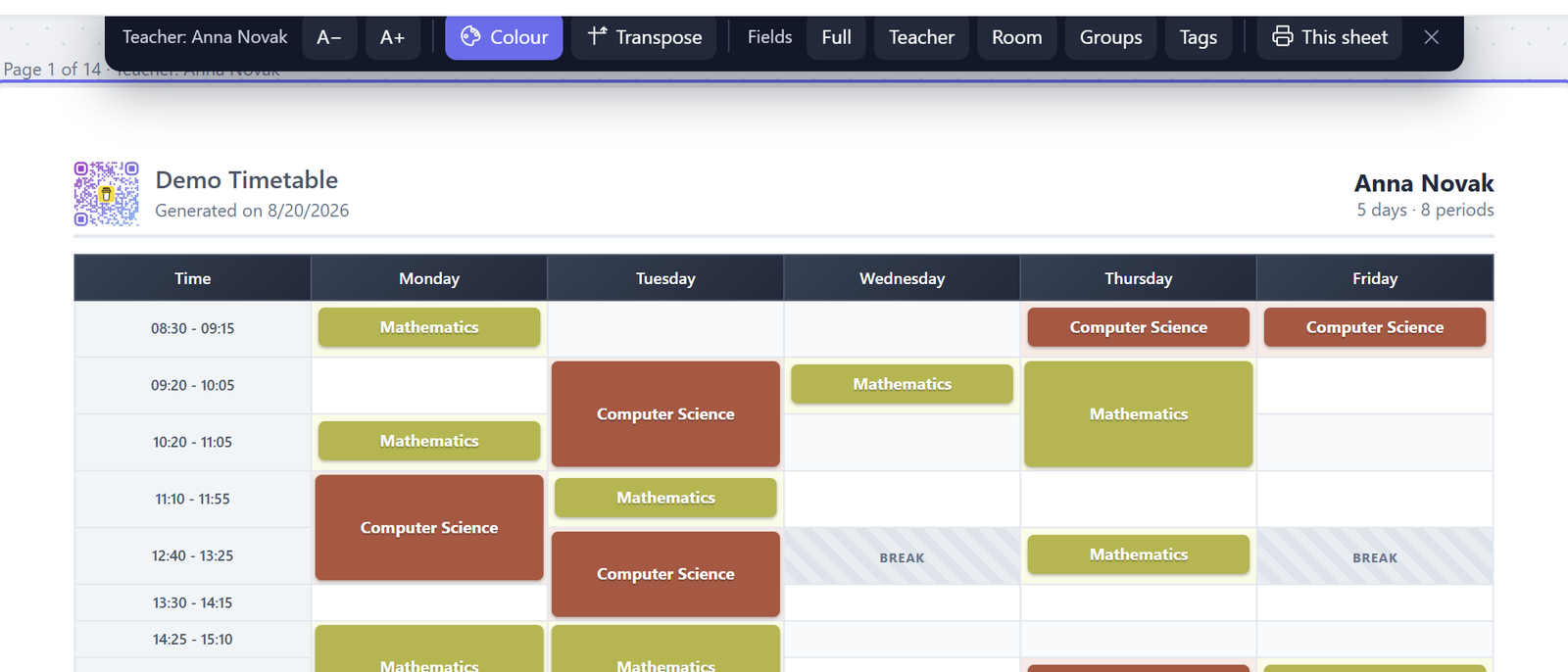 One sheet selected in the print designer, with its toolbar showing text size, colour, transpose and the field toggles.