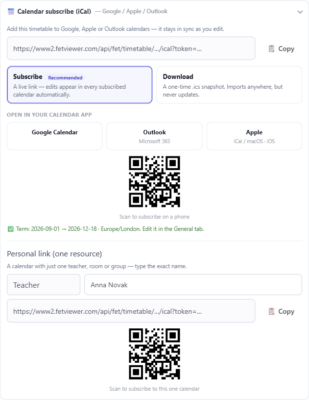 Subscribe rather than import: a live link the calendar app rechecks, the apps it opens in, and a personal version narrowed to one teacher, room or class. Both links are masked here.