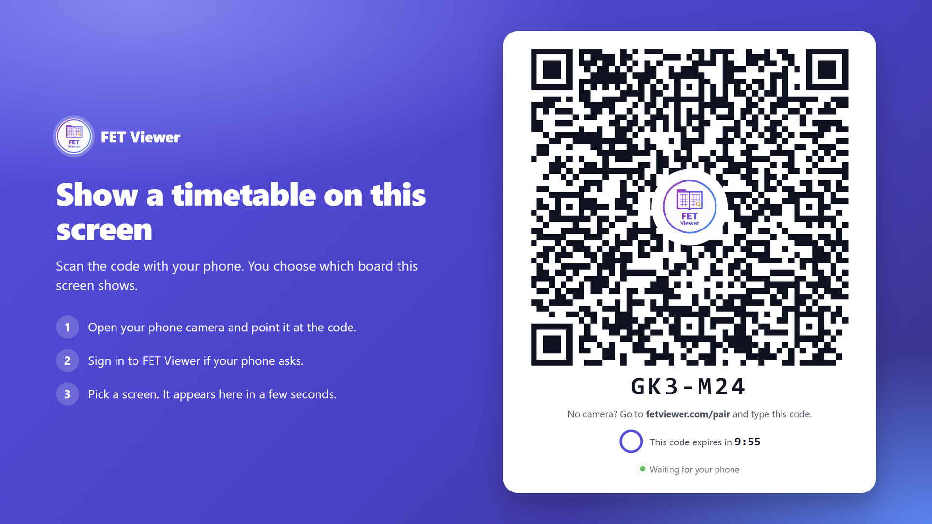 The TV page: a QR code, a short code for phones without a camera, and the time left.