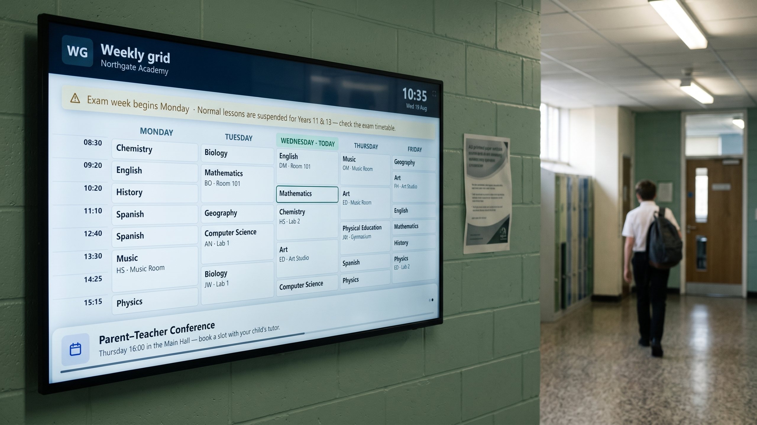 A weekly timetable on a wall screen in a school corridor, a printed notice taped up beside it, a student walking past.