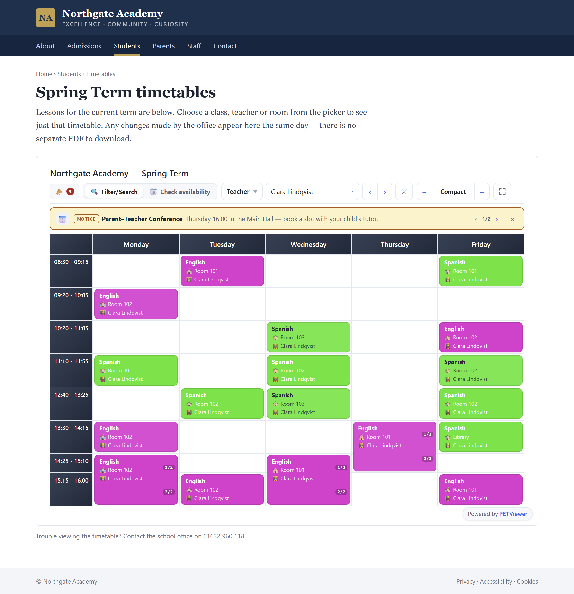 A school page — crest, nav, breadcrumb, footer, serif body type — with a live embed sitting in it: picker, Check availability, the Parent–Teacher Conference notice, the full Mon–Fri grid, Powered by FETViewer.