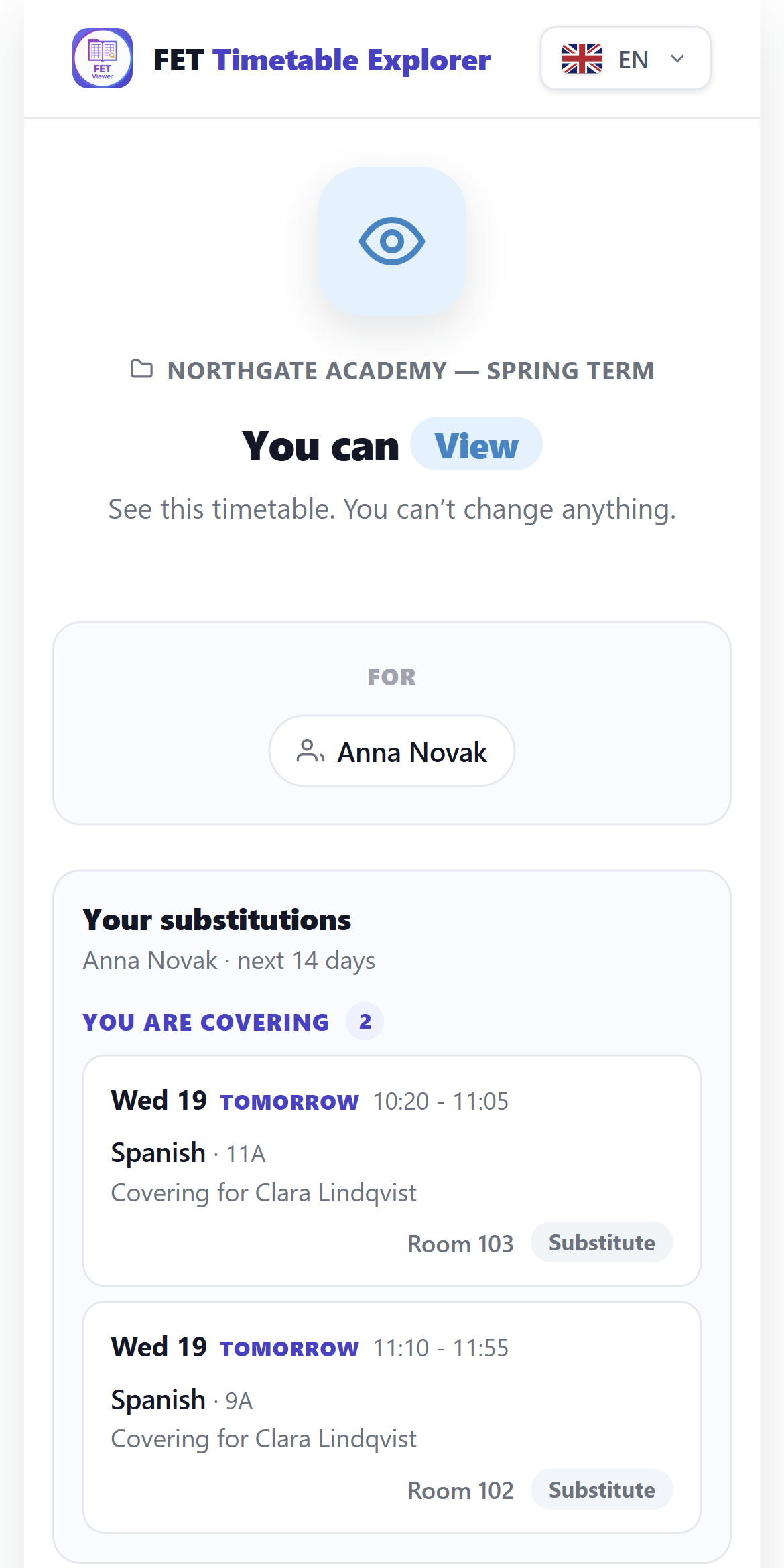 A teacher's own view on a phone: "You are covering 2", each card reading "Covering for Clara Lindqvist" with the room and a Substitute badge.