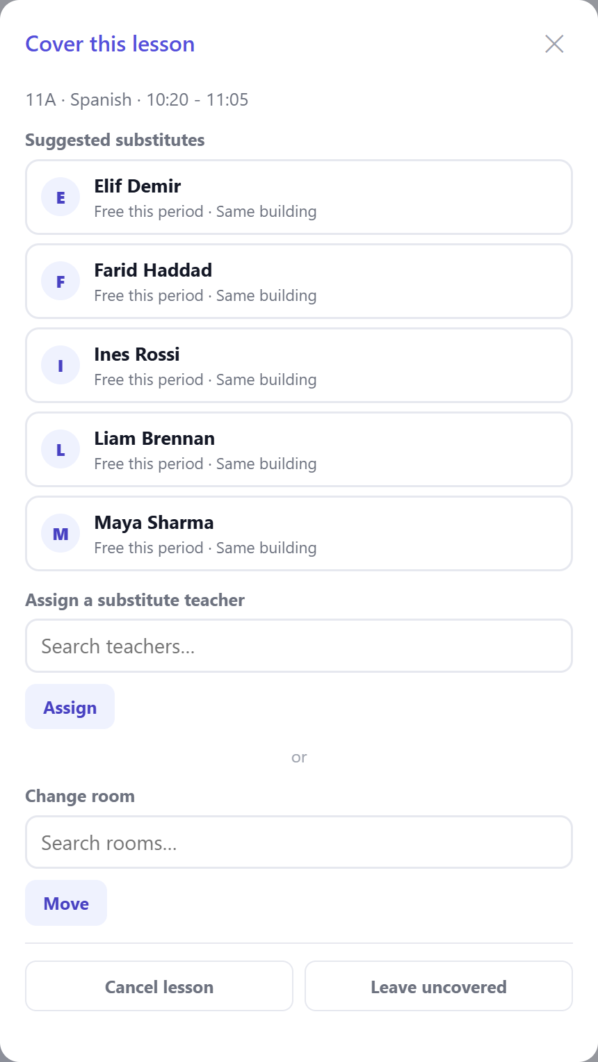 Free-teacher suggestions for the 10:20 slot, with the assign / cancel / leave-uncovered actions in the same frame