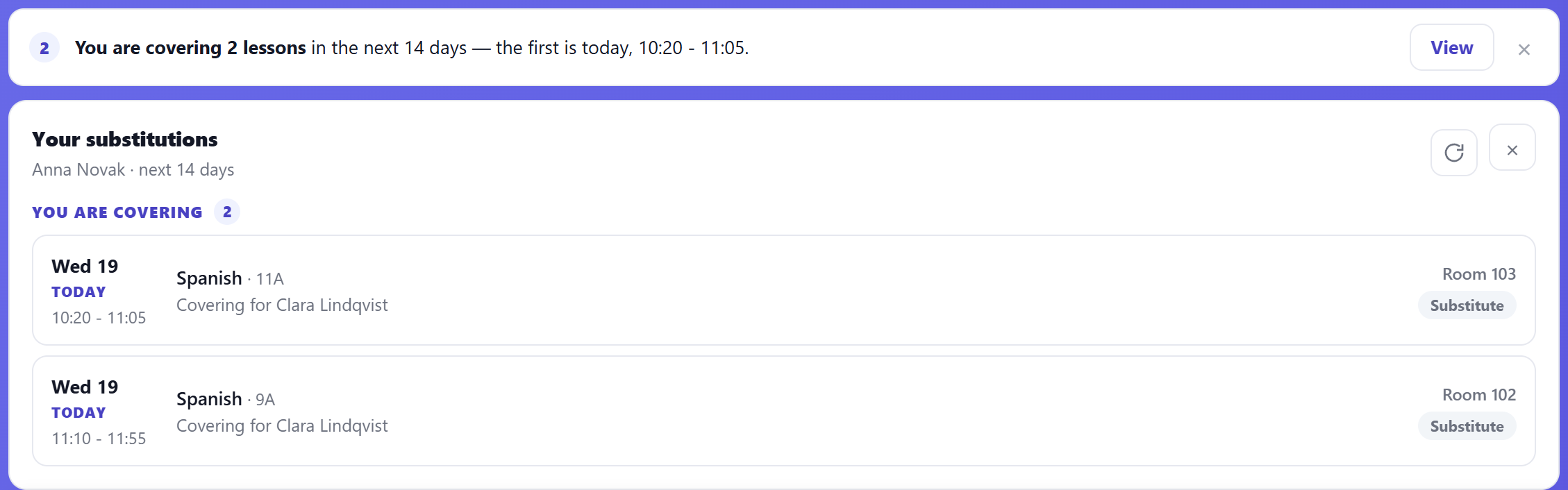 The link holder's view: the strip "You are covering 2 lessons in the next 14 days — the first is today, 10:20 - 11:05" above the open Your substitutions panel, both Wednesday lessons marked Substitute, Covering for…