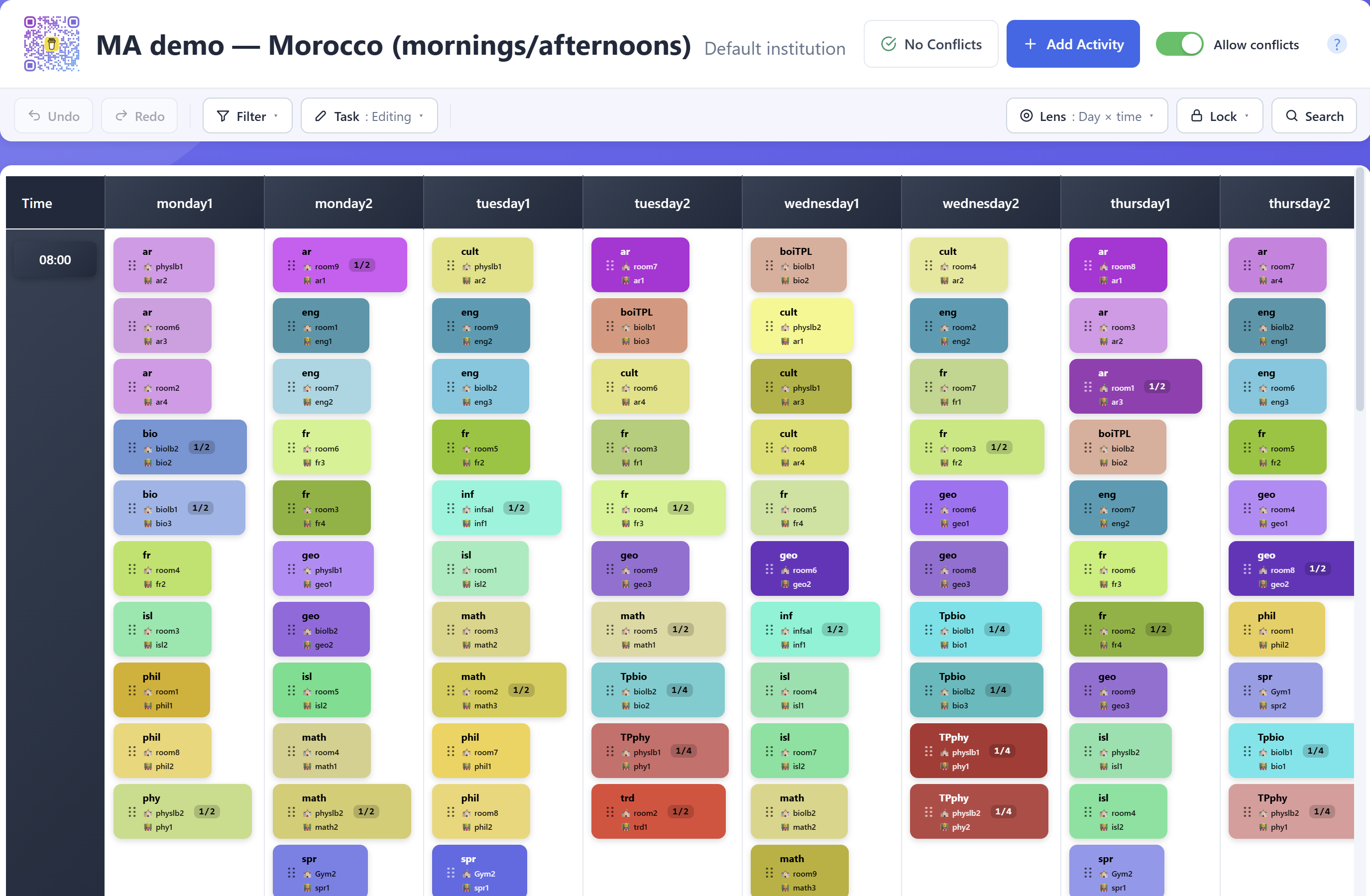 The solver's half-day grid, all twelve columns monday1 · monday2 · tuesday1 … saturday2, 435 activities, header reading No Conflicts