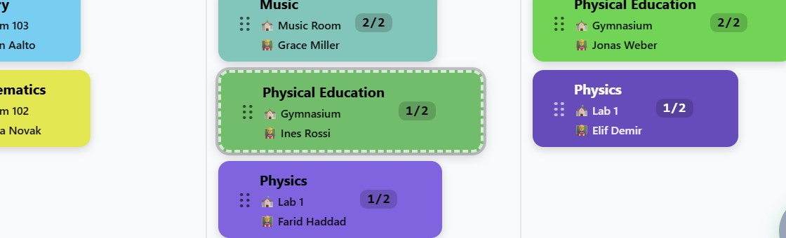 Physical Education · Gymnasium · Thursday 09:20 carries the dashed lock border among normal pills