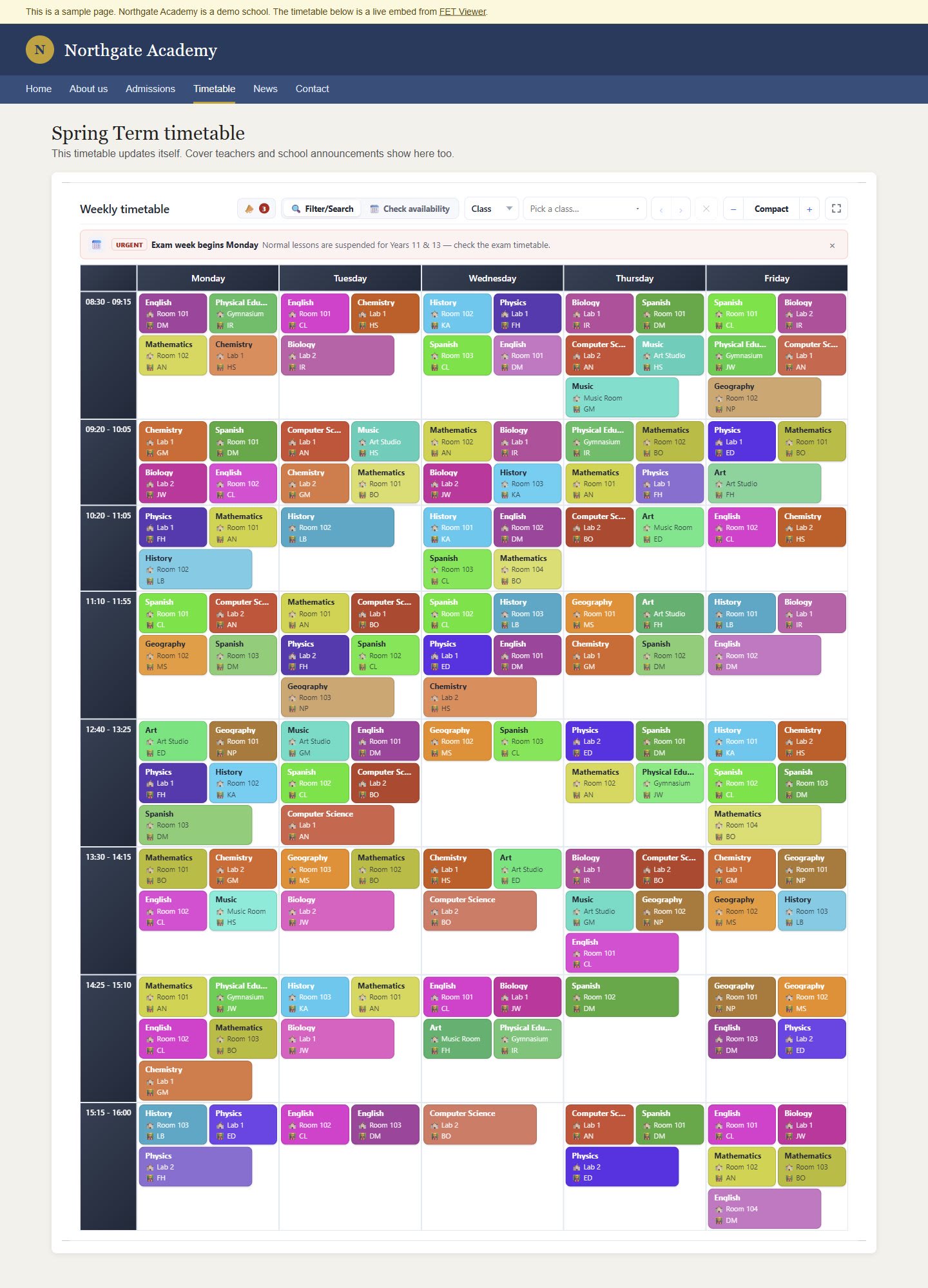 The live timetable embedded on a sample school website