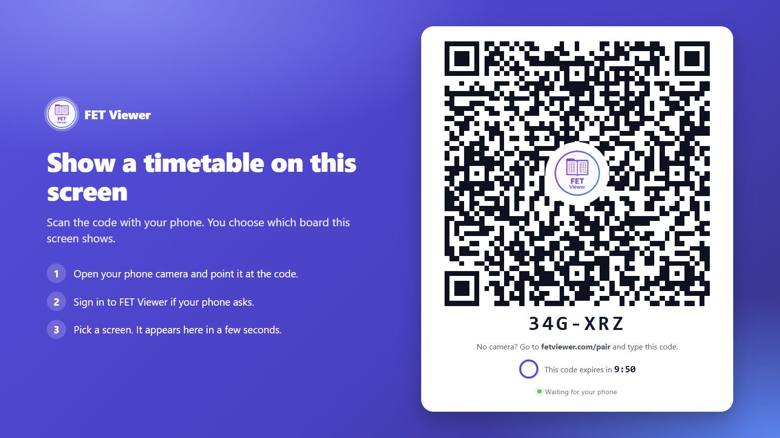 The TV shows a QR code. Scan it with your phone to connect the screen