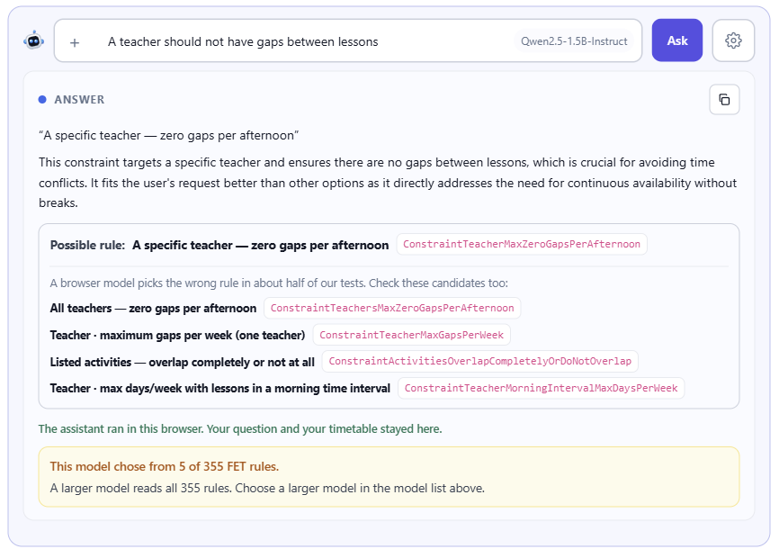 The small browser model picked a rule. The page lists other possible rules under it