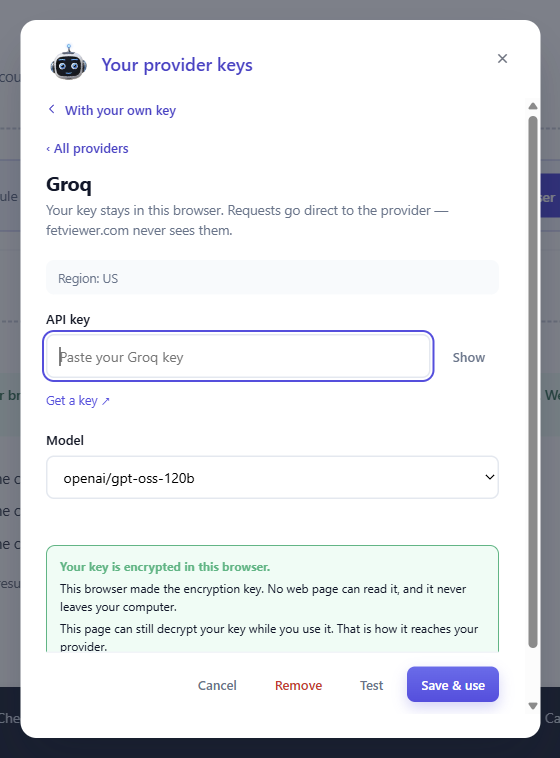 Each provider has a Get a key link to its key page
