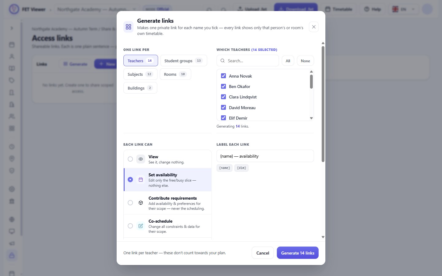 Generate makes one private link for every teacher at once