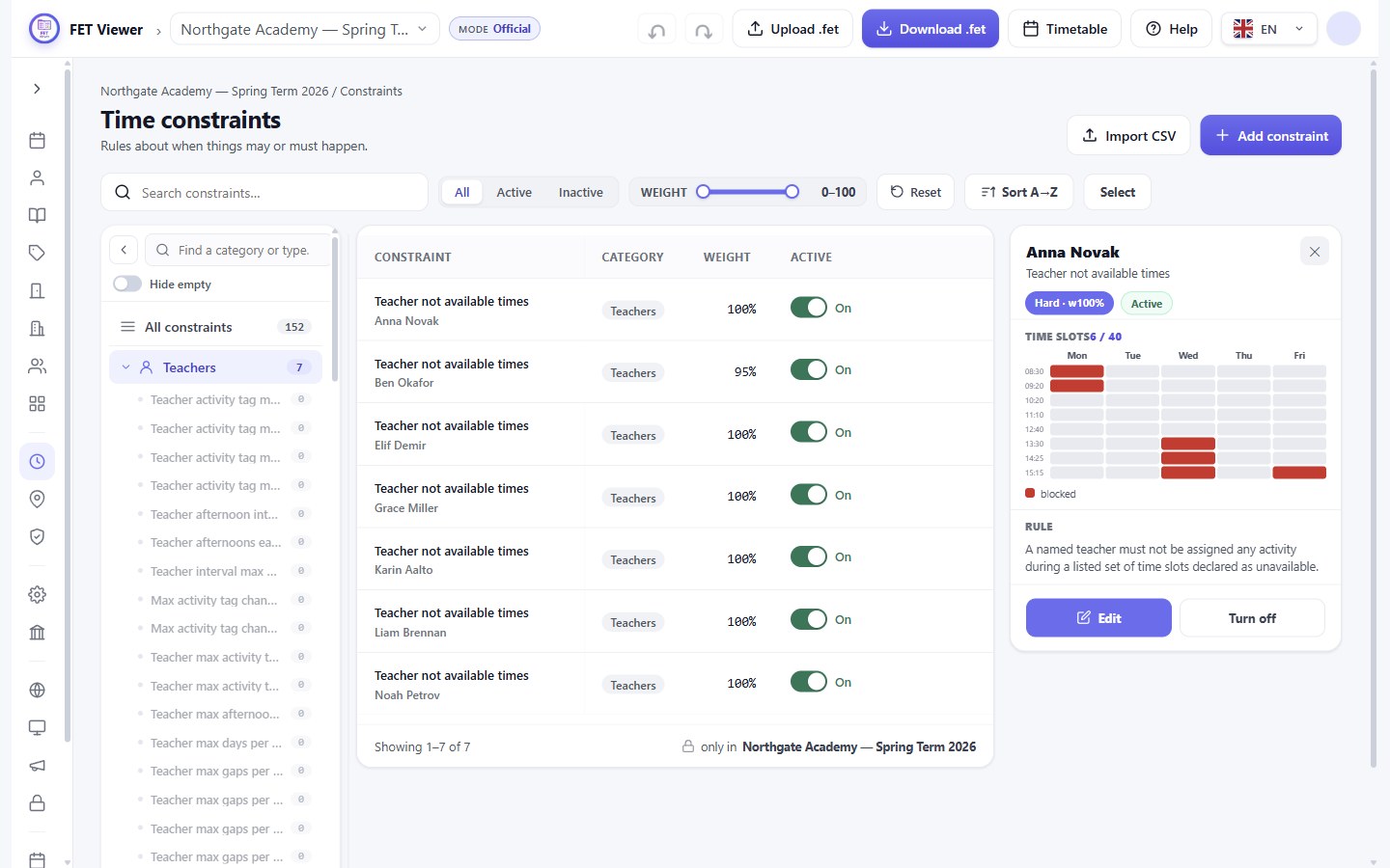 The owner sees the new constraint, with the blocked slots on a grid