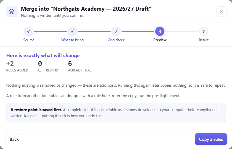 The preview shows what will change. The restore point downloads before anything is written.